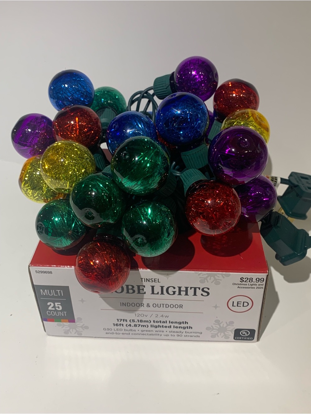 Tinsel Multi-Color Tinsel Globe String Lights - Red, Green, Blue, Purple, Yellow